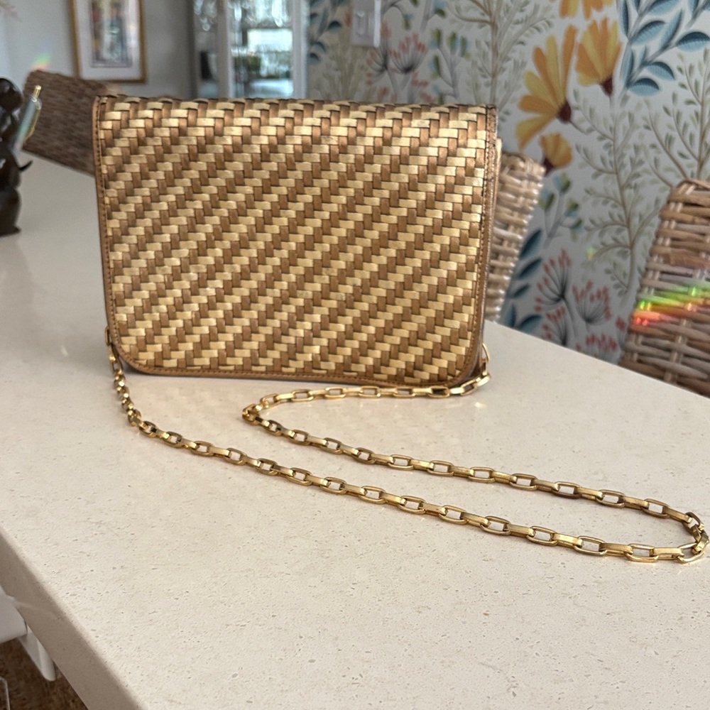 LJS Collection Gold and Bronze Leather Woven Chain HandBag